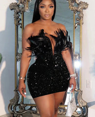 Holiday Party Luxury Birthday Women’s Feathers Sequin Strapless Deep V-neck Black Bodycon Mini Dresses Sexy Club Party Night Prom Robe