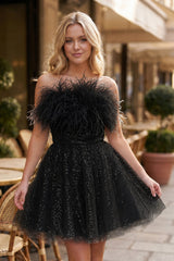 A-Line Black Sequin Feather Short Party Dress - KissProm