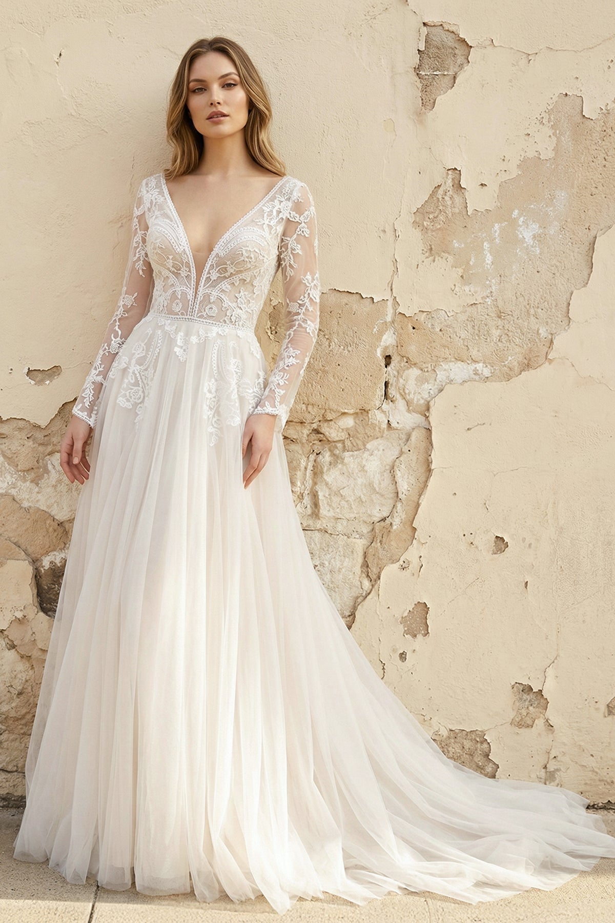 A-Line Lace Top Flare Sleeves Open Back Wedding Dress