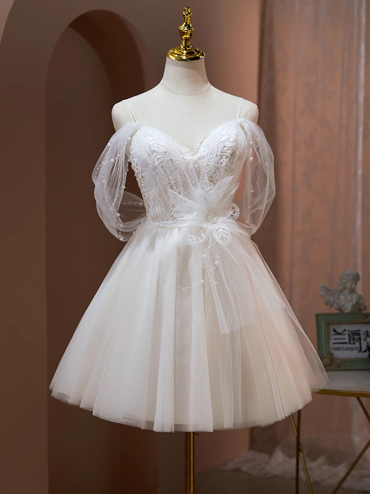 A-line Spaghetti Straps Unique White Short Prom Dress Juniors Cute Homecoming Dresses kts011|Selinadress