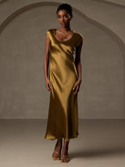 [Brown] SilkSilky  19Momme Stretch Silk Charmeuse Cap Sleeve Scoop Neck Dress 001