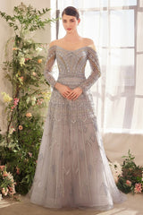 Silver Beaded Long Sleeve Mesh Gown – Elegant A-Line Evening Dress with Illusion Neckline
