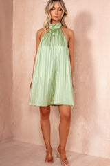 Georgia Green Satin Halterneck Pleated Dress