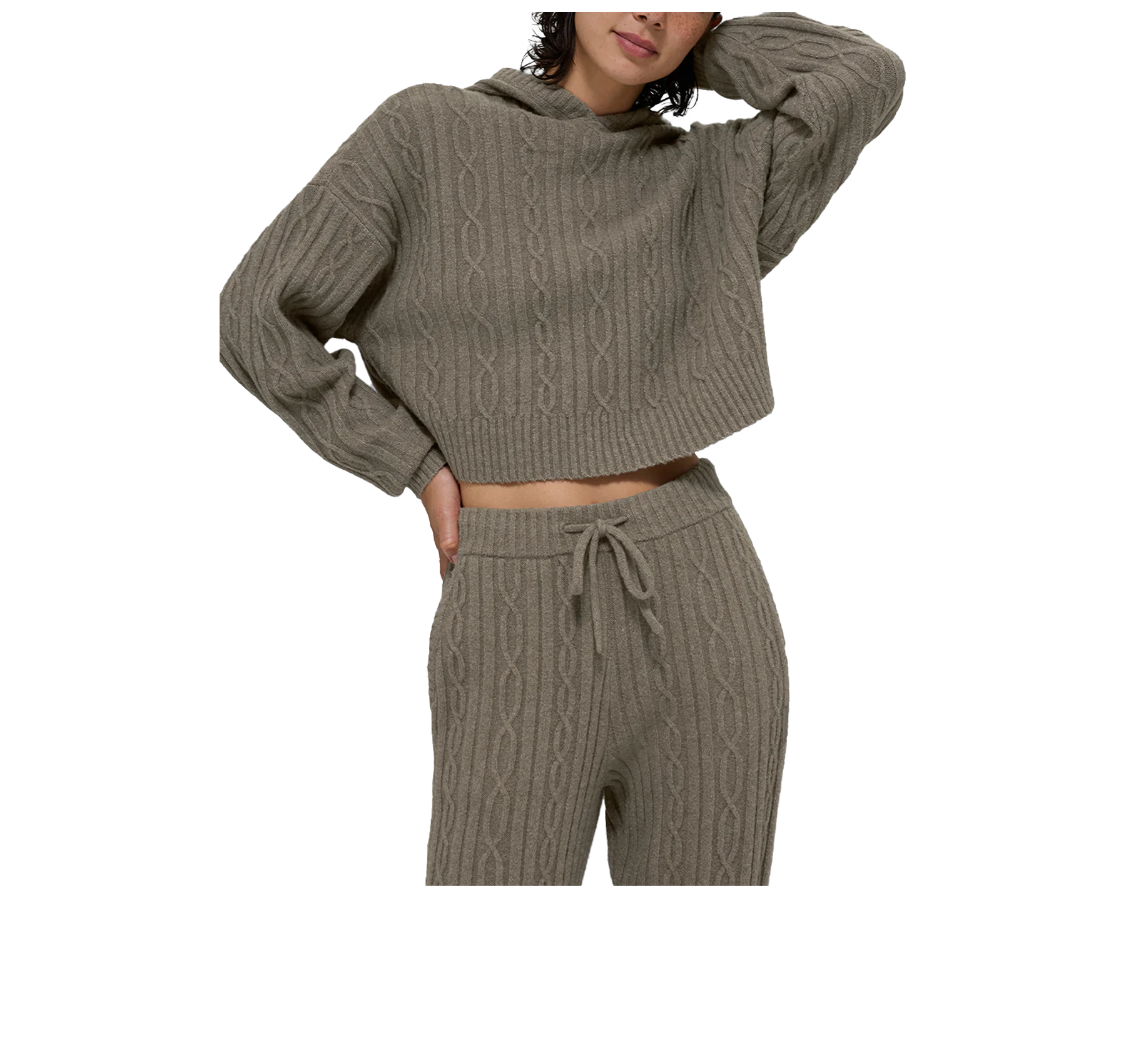 alo Women's Cable Knit Winter Bliss Hoodie Light Cocoa