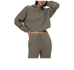 alo Women's Cable Knit Winter Bliss Hoodie Light Cocoa