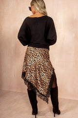 Destiny Leopard Print Satin Lace Asymmetric Skirt