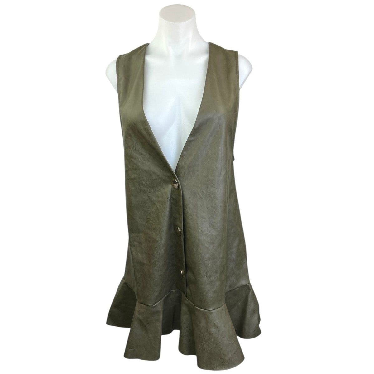 NEW Zara Green Faux Vegan Leather Sleeveless Button V-neck Ruffle Mini Dress M