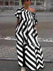 Rosa Sexy Loose One-Shoulder Print Flared Sleeve Dress: Black