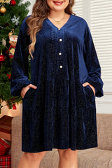 Plus Size Textured Velvet Decorative Button Long Sleeve Dress - Charming Charlie