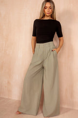 Kelsey Khaki Linen Wide Leg Trousers