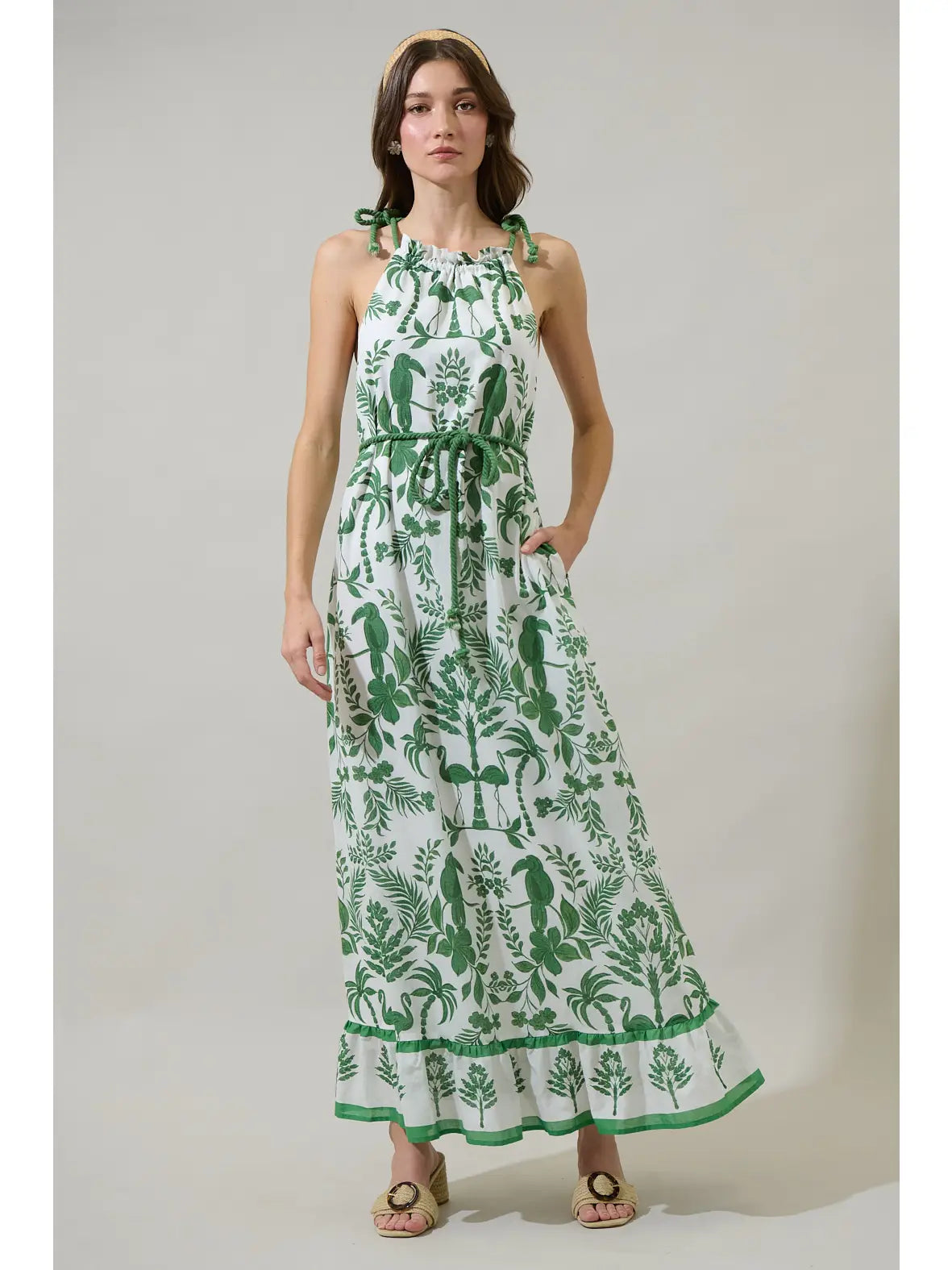 Adriana Floral Halter Neck Maxi Dress - White/Green