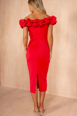 Ophelia Raspberry Ruffle Bardot Midi Dress