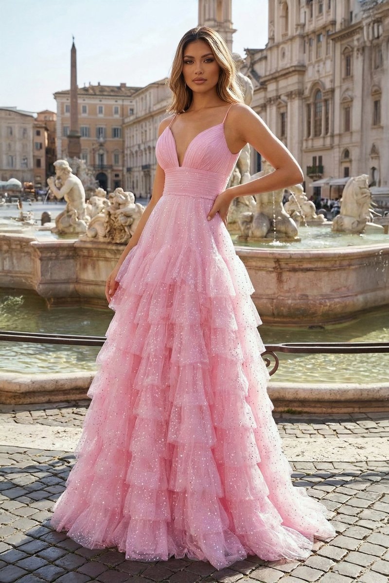 Light Pink A - Line Tiered Spaghetti Straps Tulle Prom Dress - KissProm