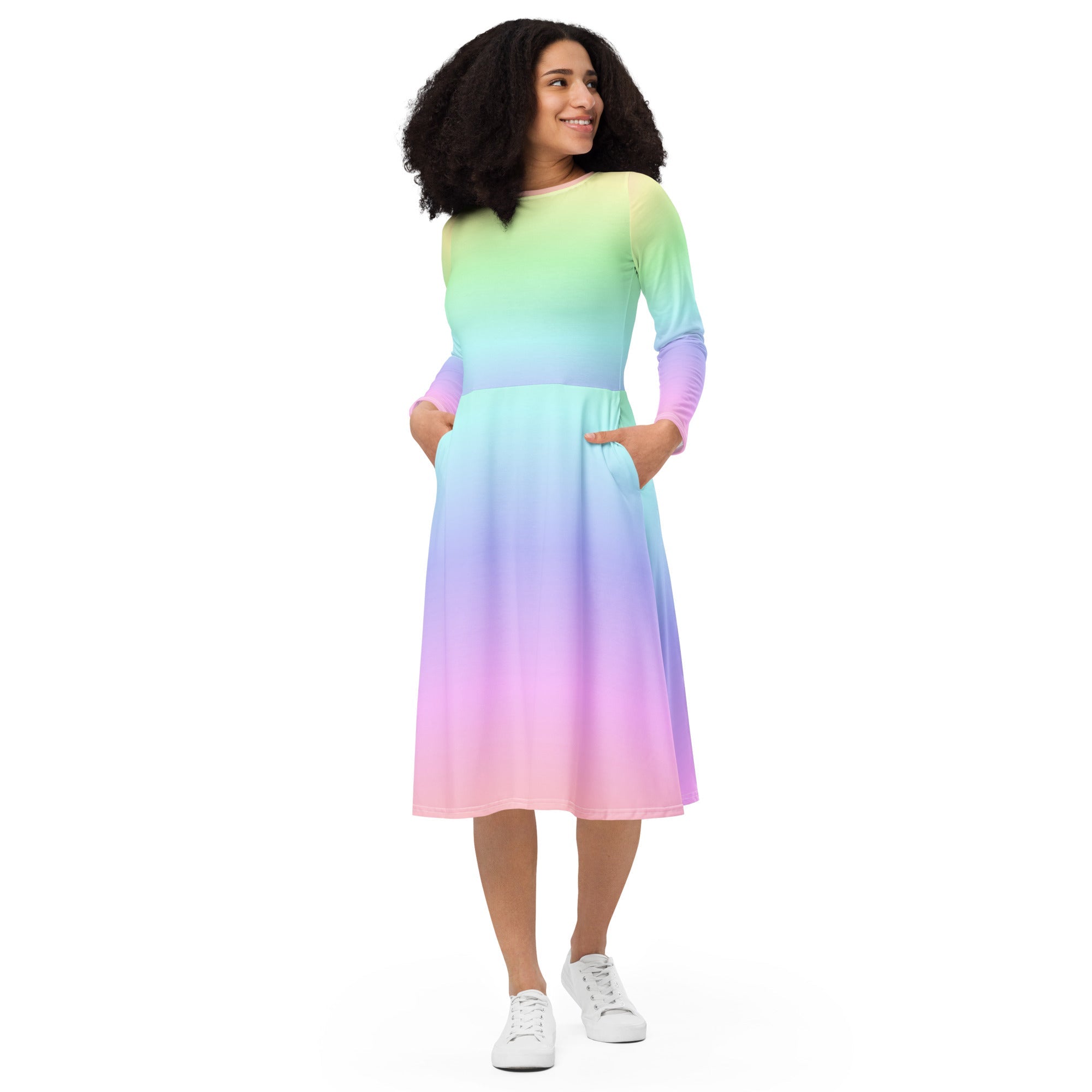 Pastel Rainbow Long Sleeve Midi Dress with Pockets, Women Ombre Gradient Pink Tie Dye Casual Cute Designer Flare Elegant Plus Size Dress Starcove Fashion