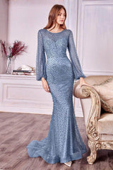 Andrea and Leo - A0997 Pearl Beaded Long Sleeve Trumpet Gown Mother of the Bride Dresses 2 / Dusty Blue