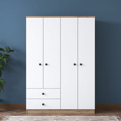 Mobile armadio alto moderno in legno con 4 ante color bianco opaco e struttura in finitura noce chiaro opaco, 2 aste appendiabiti e 2 cassetti in basso a sinistra. Dimensioni 120x43x170h