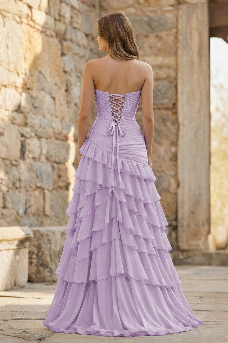 Ruched Ruffle Fitted Yellow Long Prom Dress with Slit - KissProm
