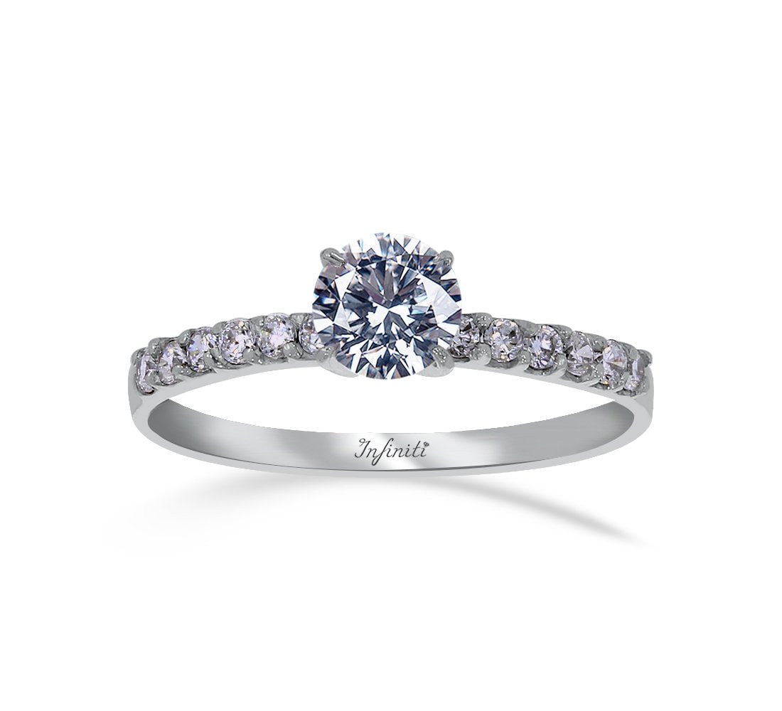 Anillo Oro Blanco 14k, Pavé con Zirconia Central 5 mm - Infiniti Joyas