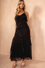 Sammie Black Chiffon Polka Dot Frill Dress