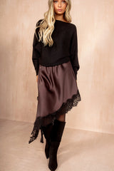 Imani Chocolate Satin Lace Asymmetric Skirt