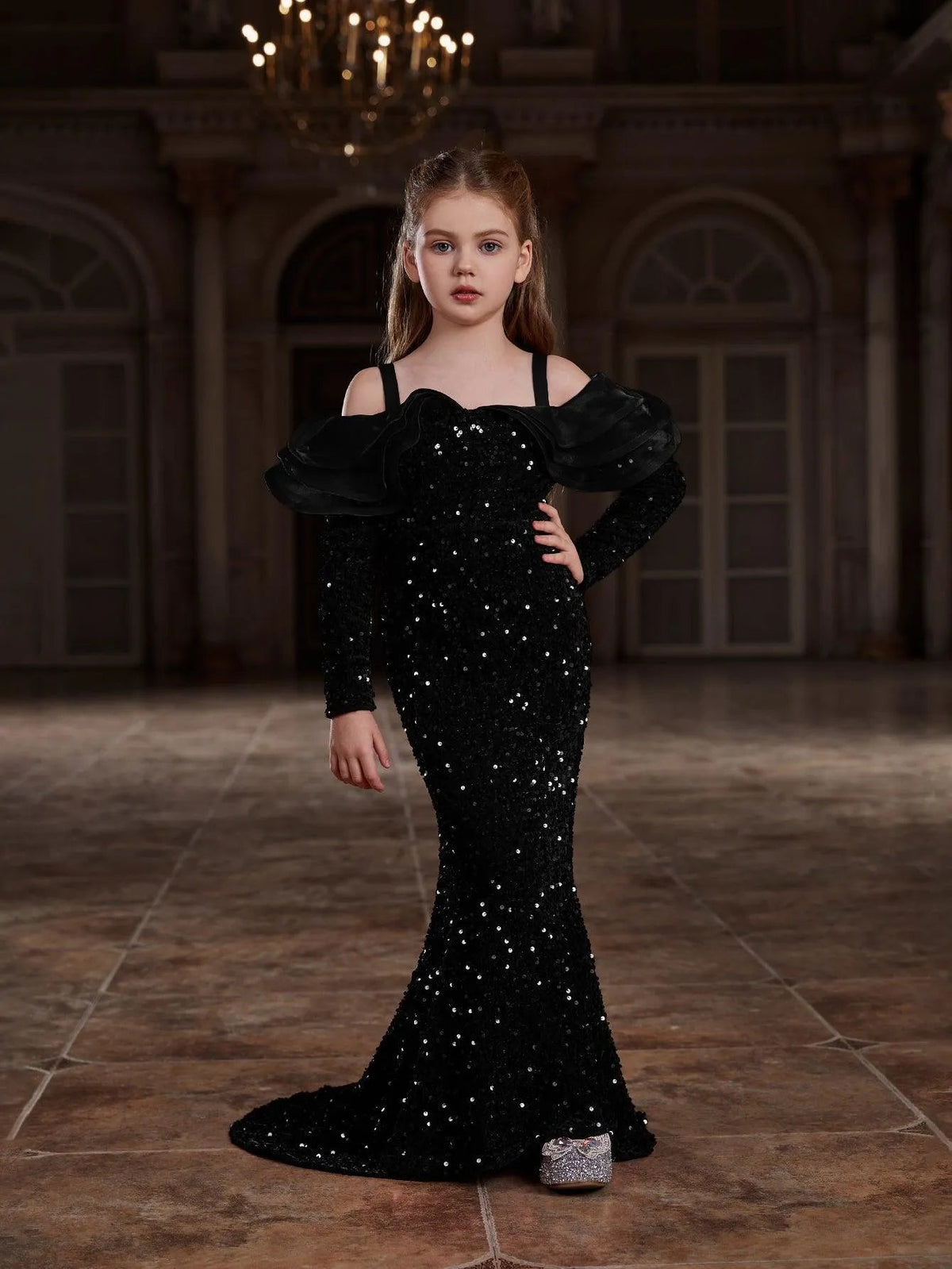 Tween Girls' Off Shoulder Ruffle Trim Sequin Mermaid Dress - Elonnashop