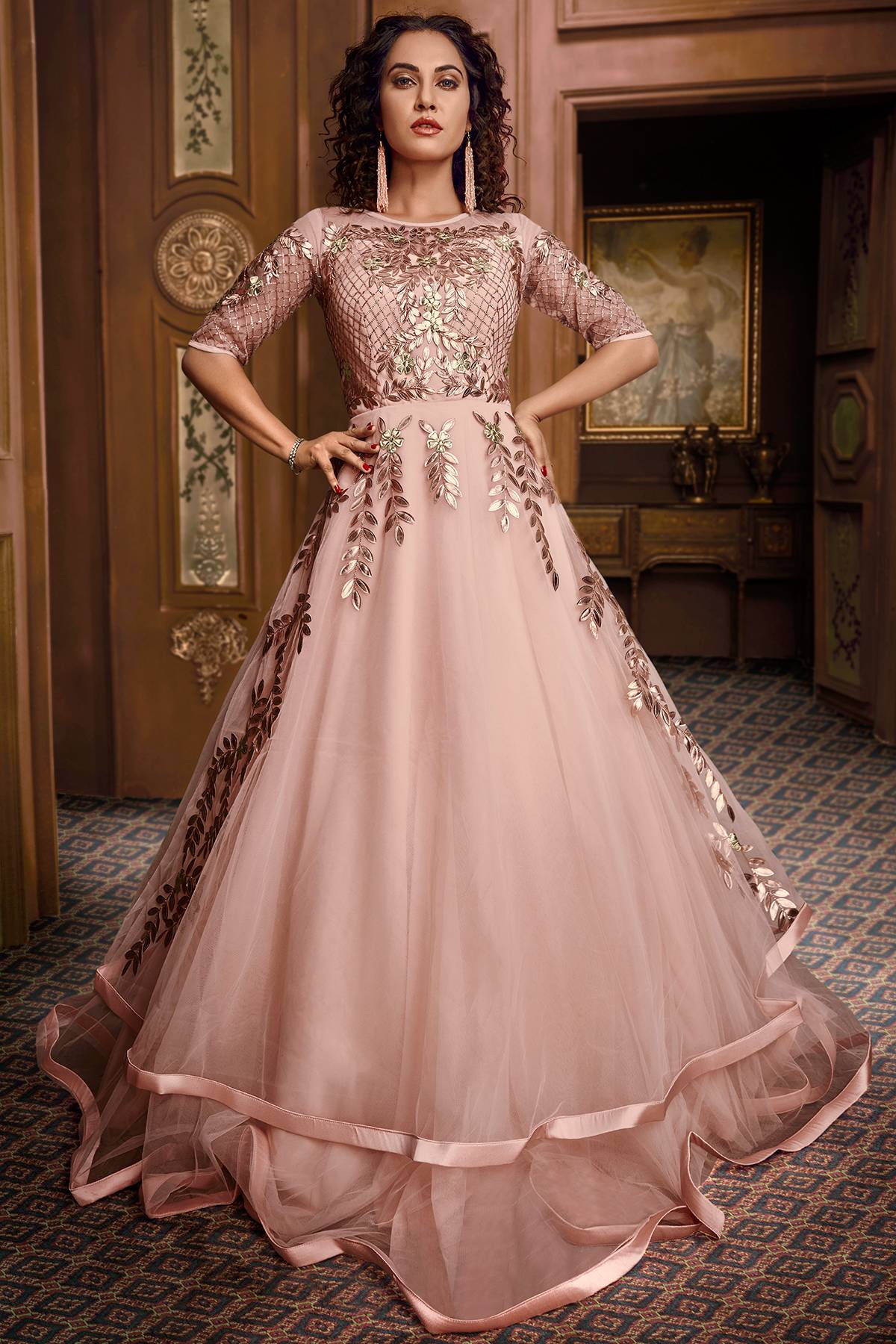 Baby Pink Designer Silk Layered Gown