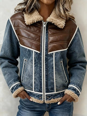 Damen Winter Patchwork Jacke mit Teddykragen warm casual