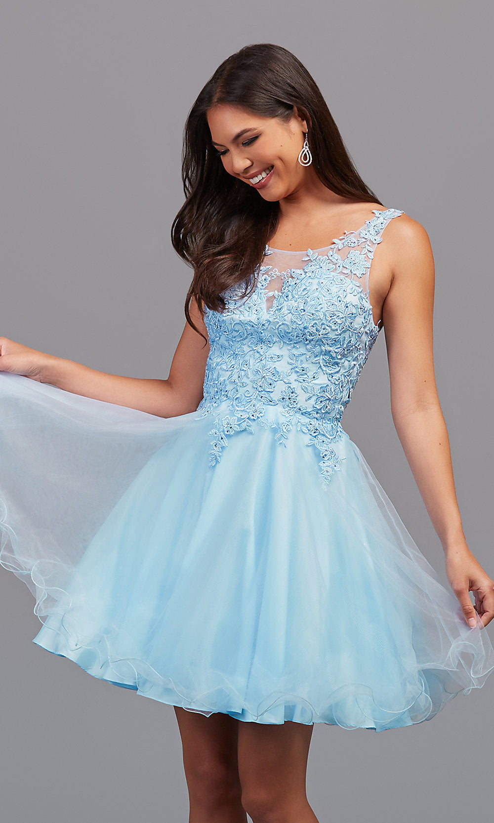 Bahama Blue Babydoll Sleeveless Embroidered Short Prom Dress