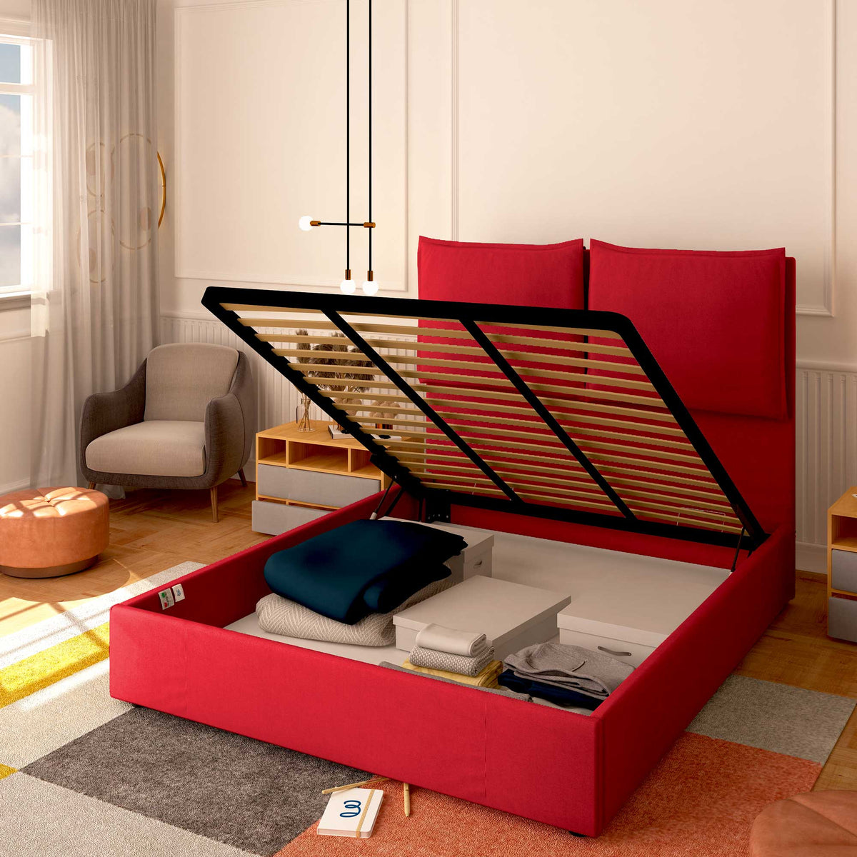 Baldiflex letto contenitore piazza e mezza in tessuto Licia XL rosso