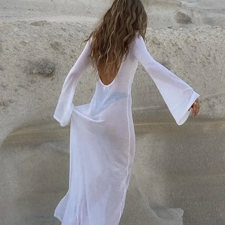 white sheer long-sleeve maxi dress with open back, boho style