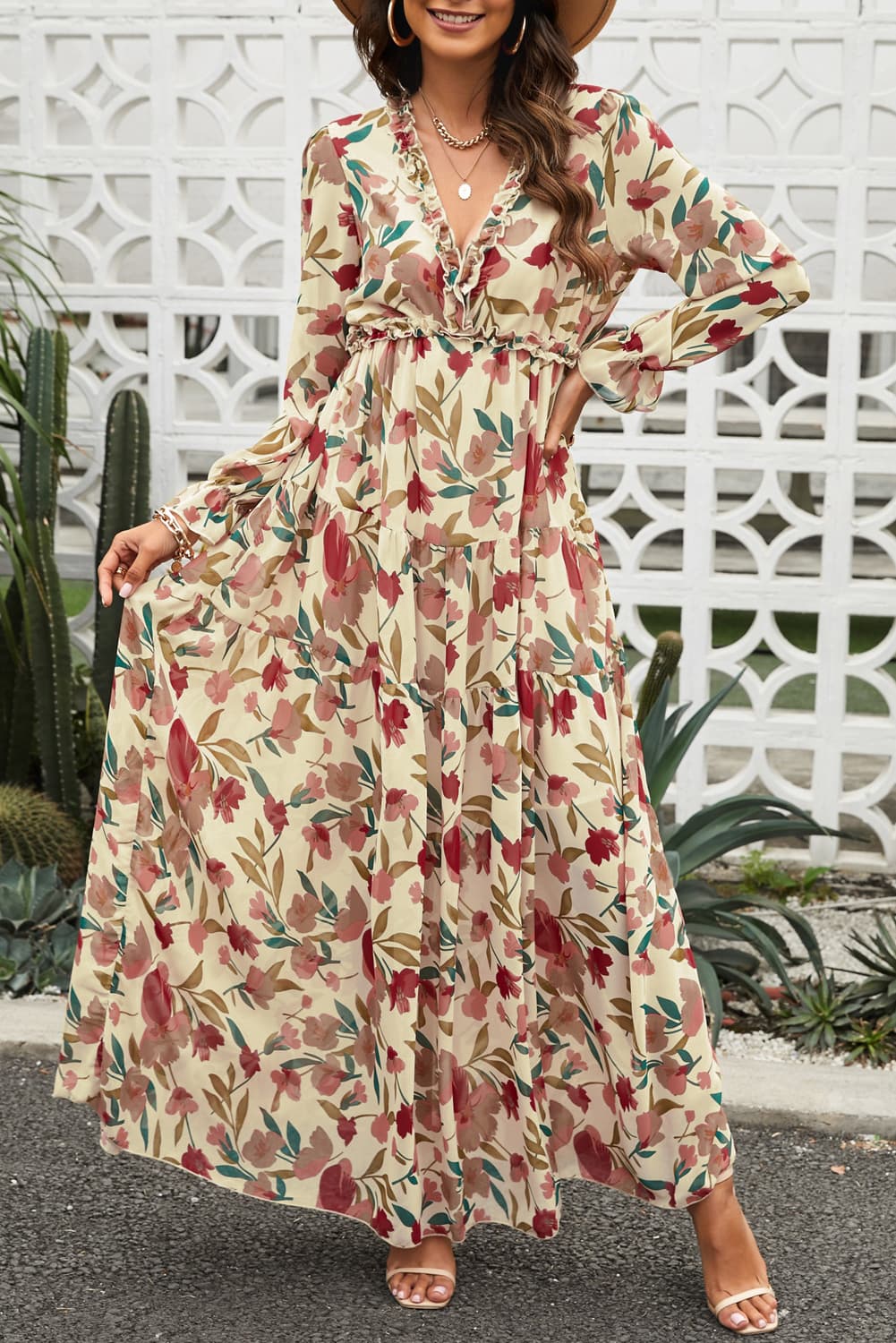 Floral Frill Trim Flounce Sleeve Plunge Maxi Dress - Charming Charlie