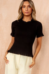 Jemima Black Ribbed Knit Lace Detail Top