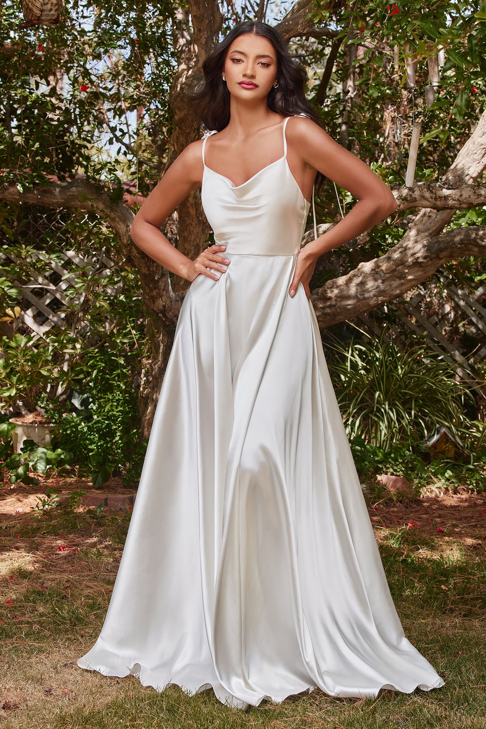 LaDivine BD104W Ravishing Cowl A-Line Dress in Off White