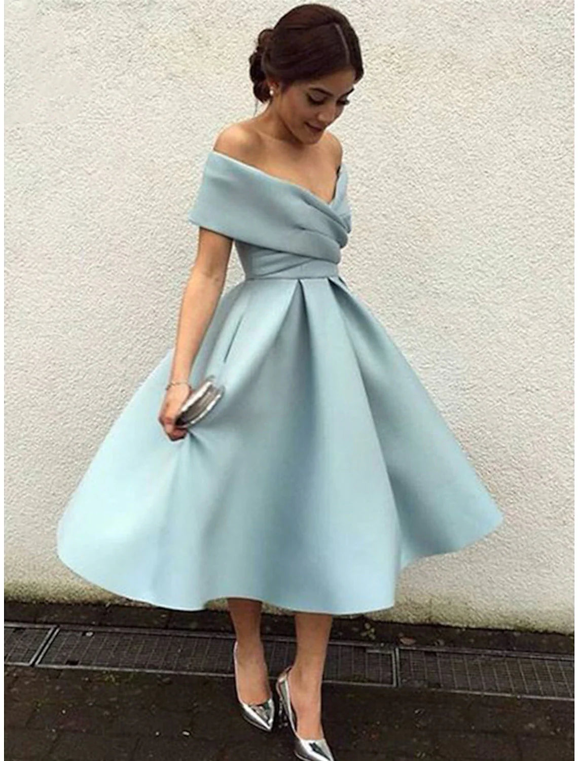 A-Line Cocktail Dresses 1950s Dress Wedding Guest Tea Length Short Sleeve V Neck Stretch Fabric V Back with Pleats