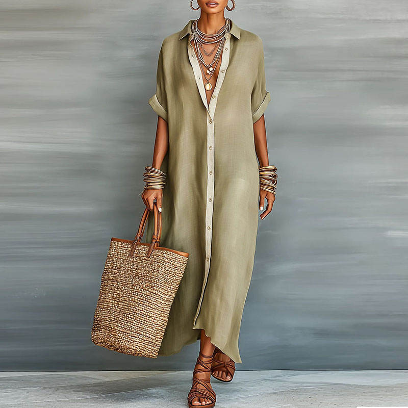 elegant beige shirt maxi dress for women with lapel collar button front and short sleeves versatile refined style ideal for office wear travel everyday elegance and sophisticated outfits