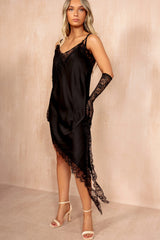 Belinda Black Satin Lace Asymmetric Cami Dress