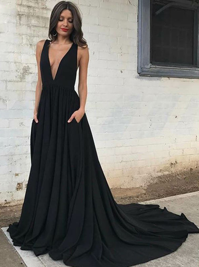 Black Chiffon Evening Dress with Train,Backless Prom Dress,Evening Dress with Pockets PD00065