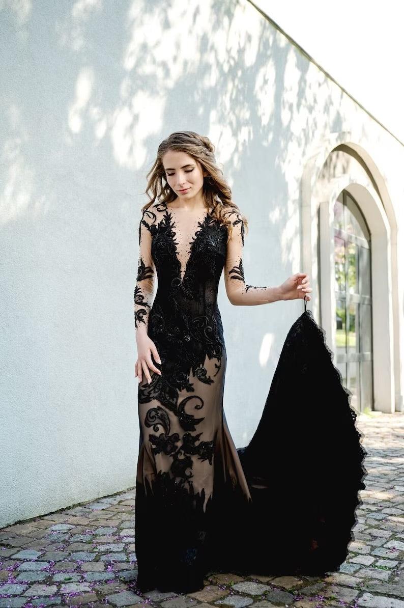 Black Lace Gown with Open Back and Long Sleeves - Dioma Fashion