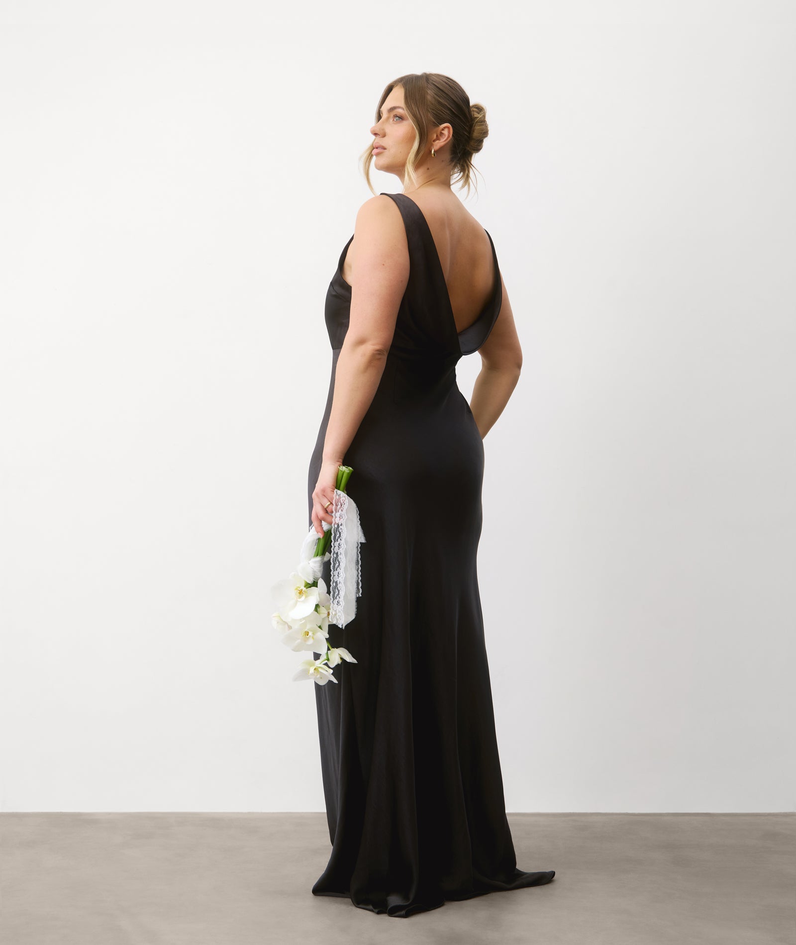 Cowl Back Satin Bridesmaid Dress - Black