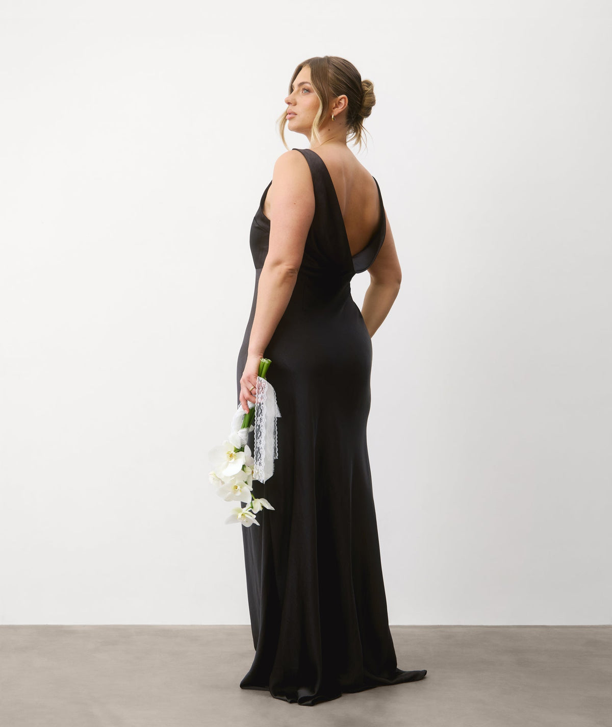 Cowl Back Satin Bridesmaid Dress - Black