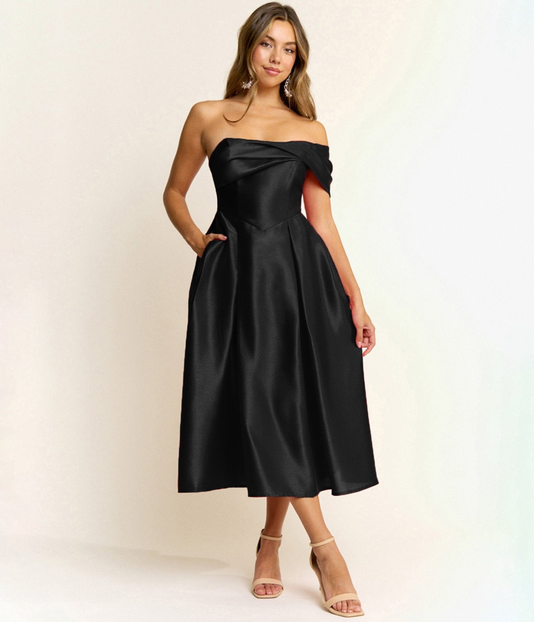 Black Off The Shoulder Midi Dress - Unique Vintage - Womens, DRESSES, MIDI