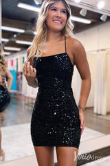 Black Spaghetti Strap Homecoming Dresses Sparkly Sequin Bodycon Dress SD1656-Homecoming Dresses 2025 -Viniodress-Black-Custom Size-