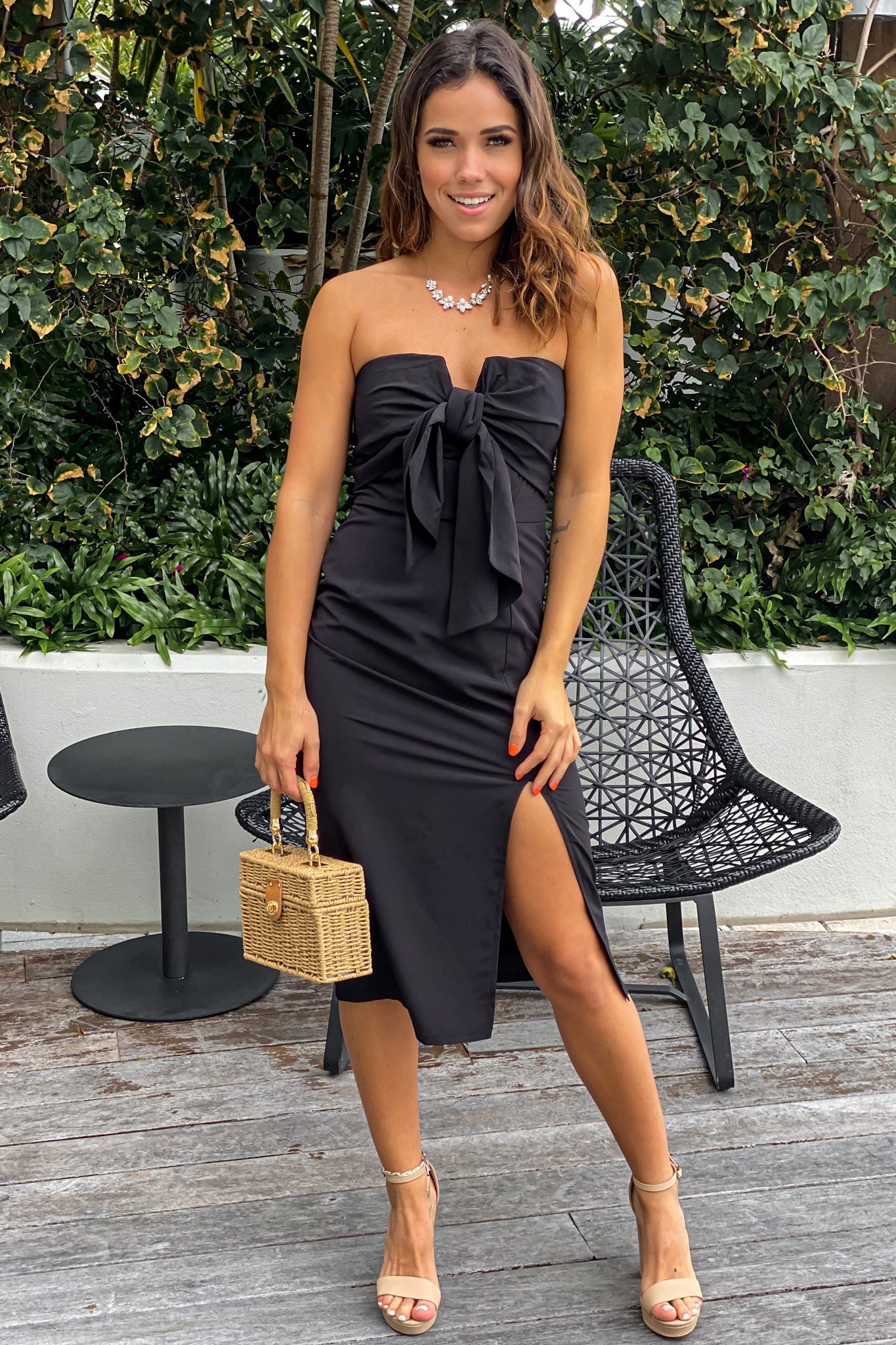 black tube midi dress with tie front
