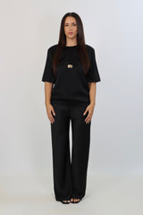Black satin pants with soft drape and elastic waistband – plus size- April Seven
