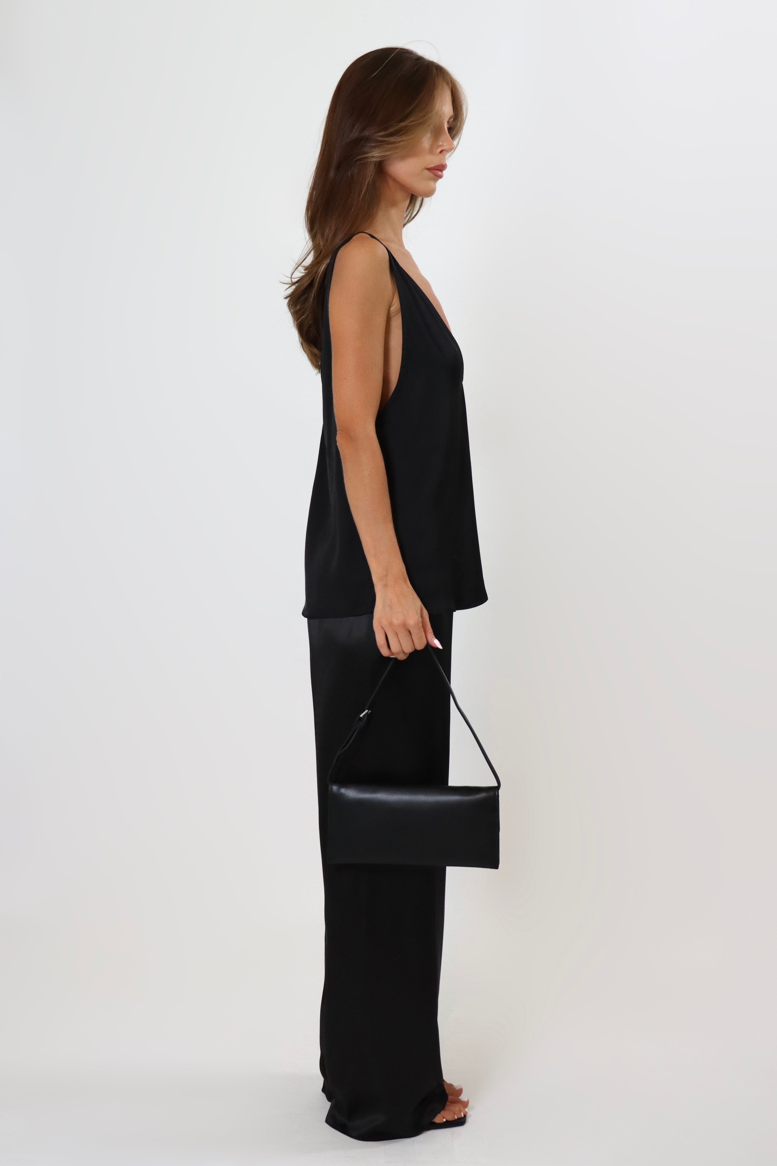 Black satin pants with soft drape and elastic waistband – April Seven