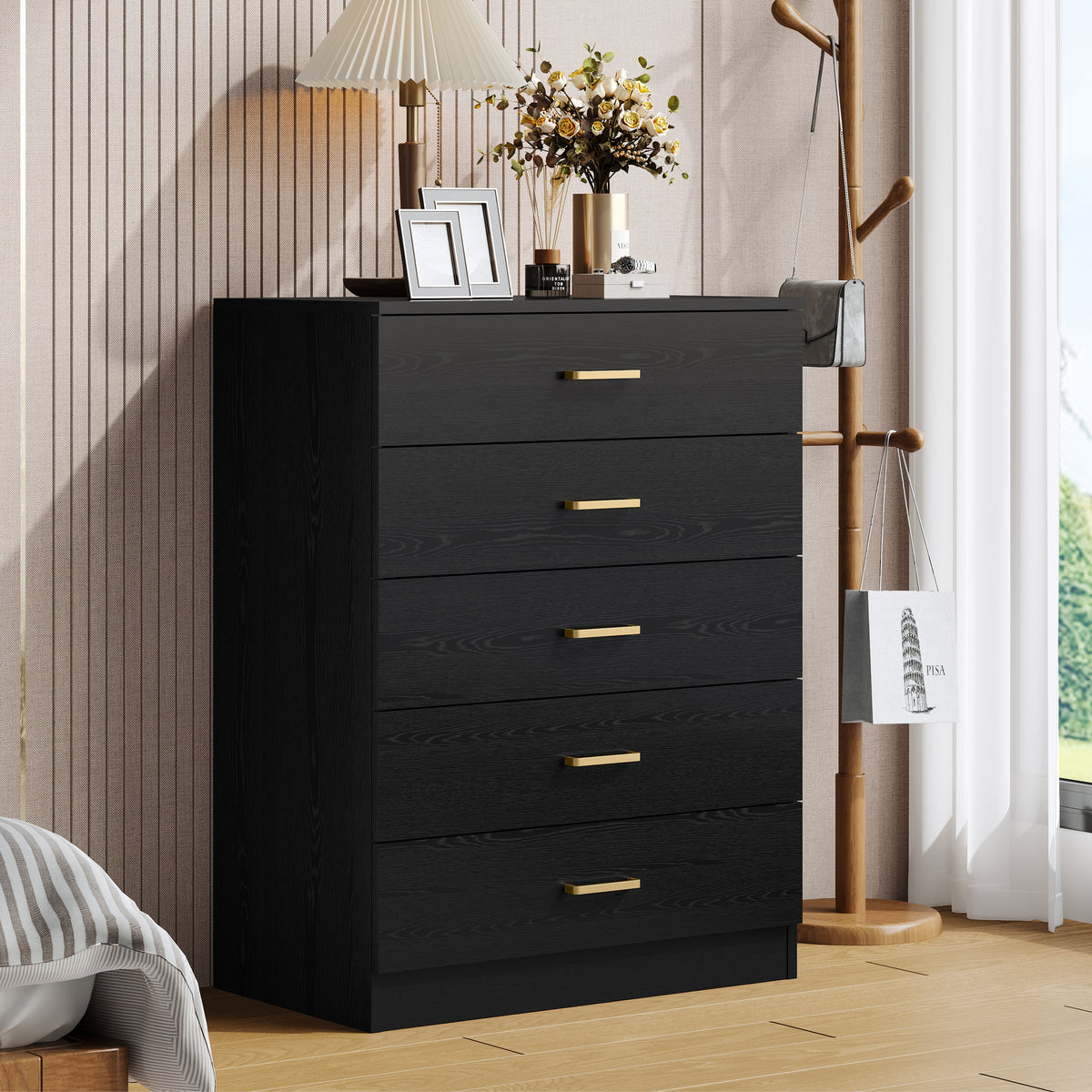 UHOMEPRO Black 5 Drawer Dresser, Chest of Drawers for Bedroom, Modern Storage Cabinet Dresser Organizer Unit with Handle for Living Room, Closet, Hallway, Nursery
