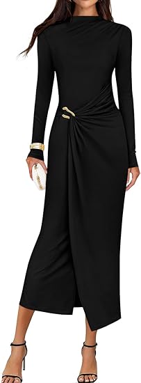 Women's 2025 Fall Long Sleeve Bodycon Dress Mock Neck Wedding Guest Cocktail Party Long Midi Dresses