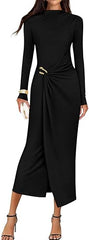 Women's 2025 Fall Long Sleeve Bodycon Dress Mock Neck Wedding Guest Cocktail Party Long Midi Dresses
