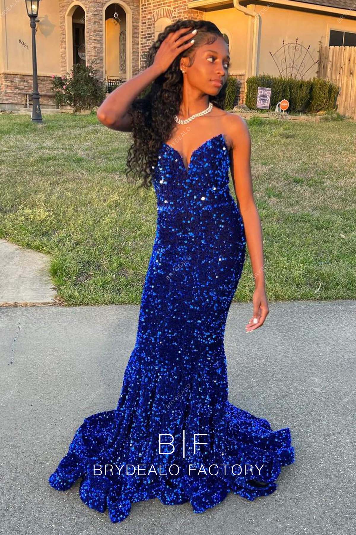 Royal Blue Sequins Strapless Short Train Mermaid Prom Dress