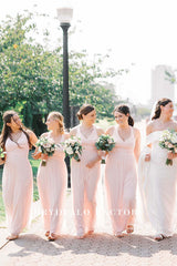 blushing pink v neck floor length bridesmaid dress